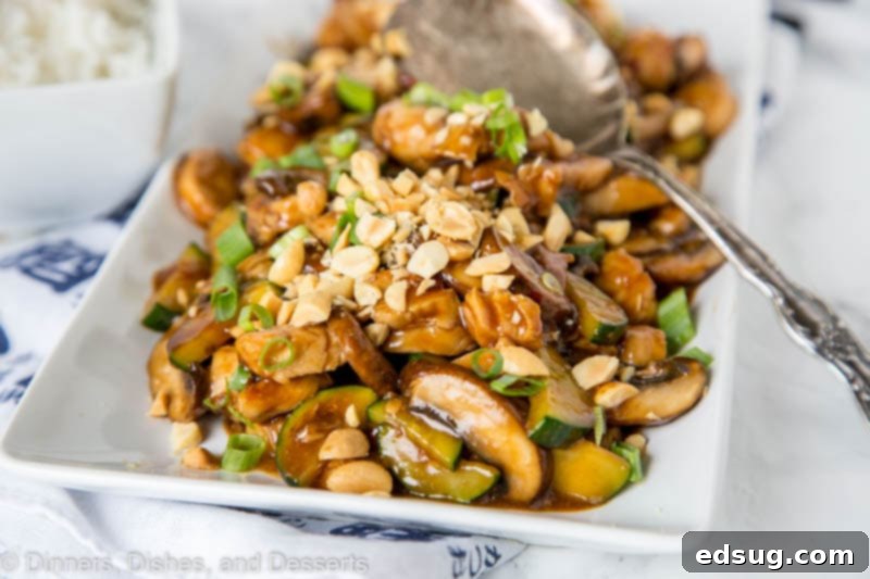 Sichuan Kung Pao Chicken 3 a plate of kung pao chicken and a serving spoon