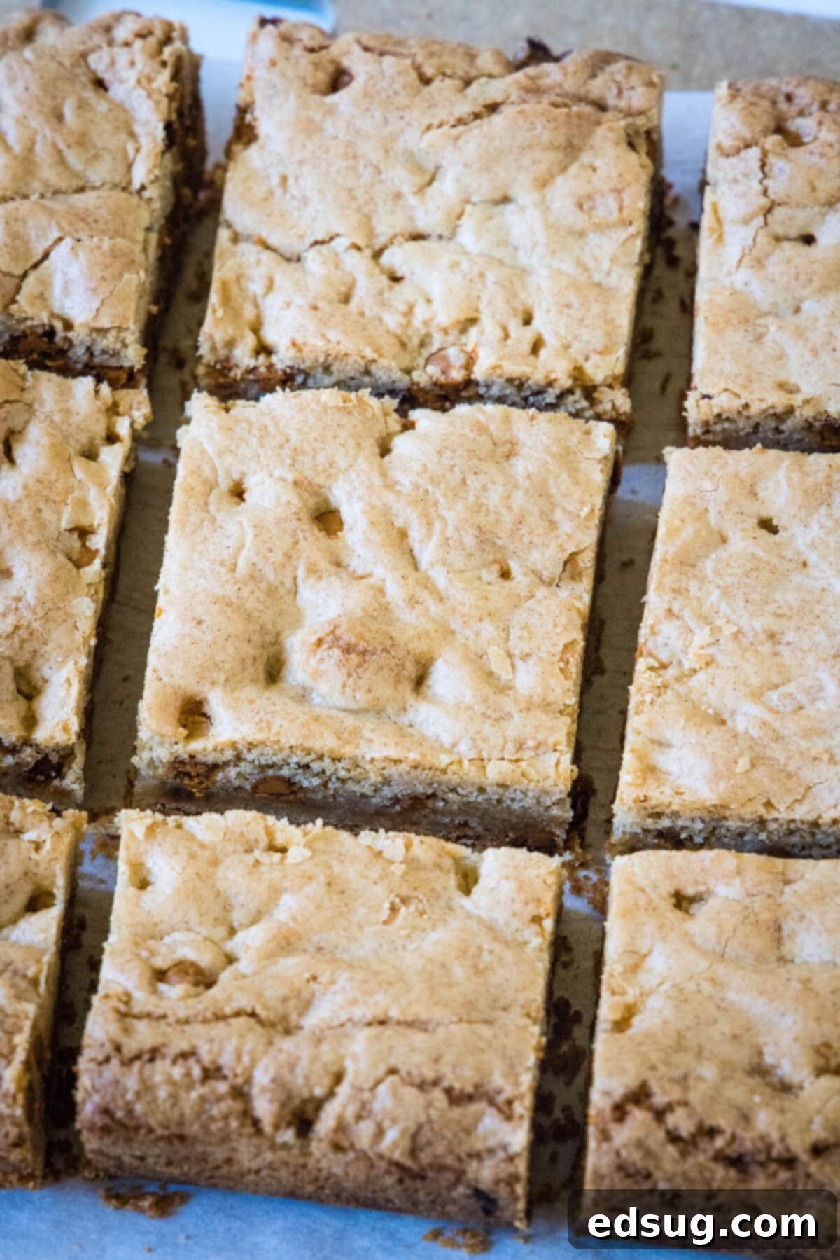 Cozy Cinnamon Blondies 5 Freshly baked cinnamon blondies, perfectly sliced into neat squares and arranged on a wooden cutting board.