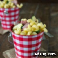 Savory Summer Pasta with Grilled Sausage and Veggies 1 Close-up of the delicious Pasta Salad with Summer Sausage and Grilled Veggies.
