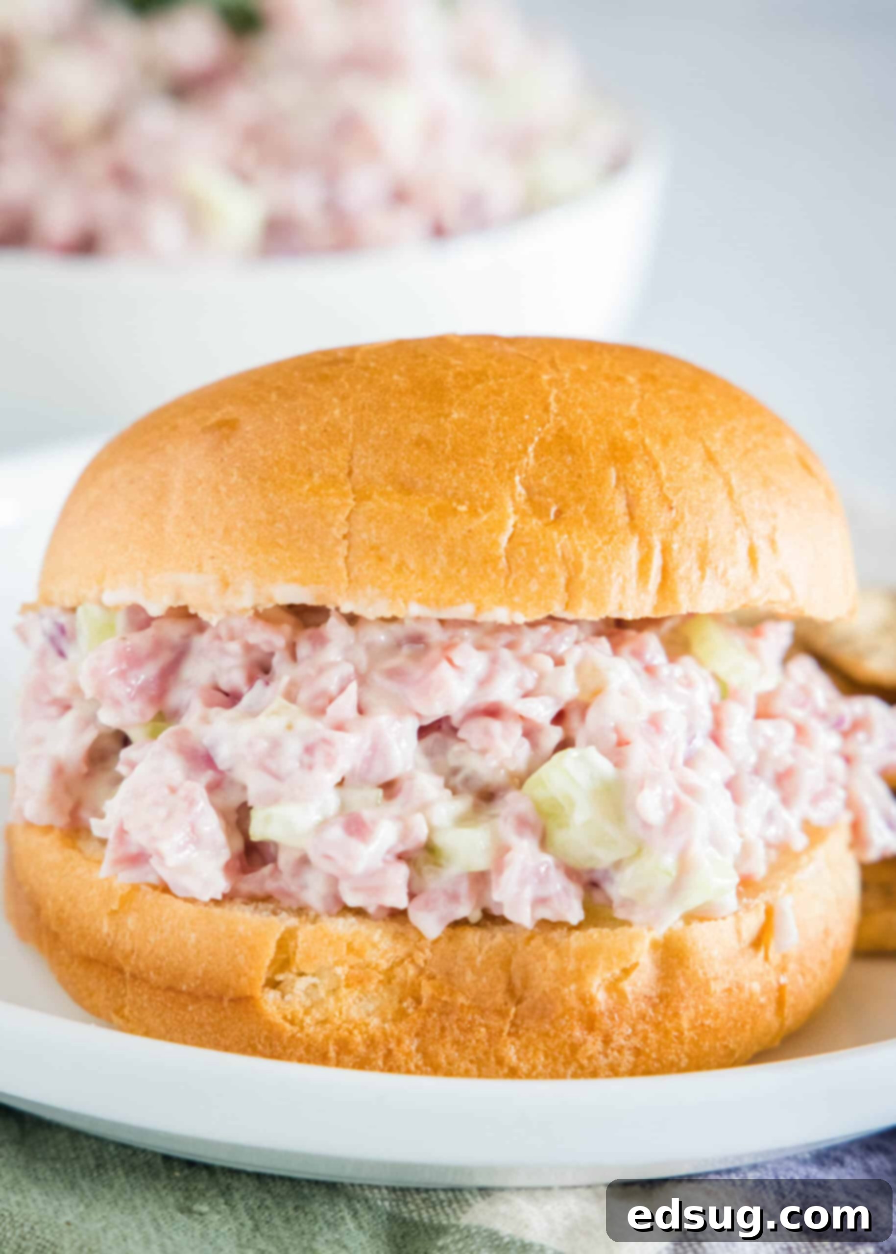 This ham salad recipe is the best way to use up leftover ham! It's similar to a chicken salad, with mayo, red onions, and juicy shredded ham. A ham salad sandwich in a bun on a white plate.