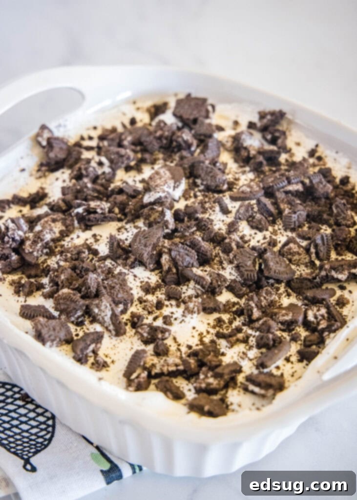 Overhead view of a finished baking dish filled with no-bake Oreo lasagna, generously topped with a final sprinkle of crushed Oreo cookies, ready for chilling and serving.