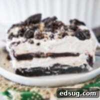 Close up of a slice of Oreo squares on a plate