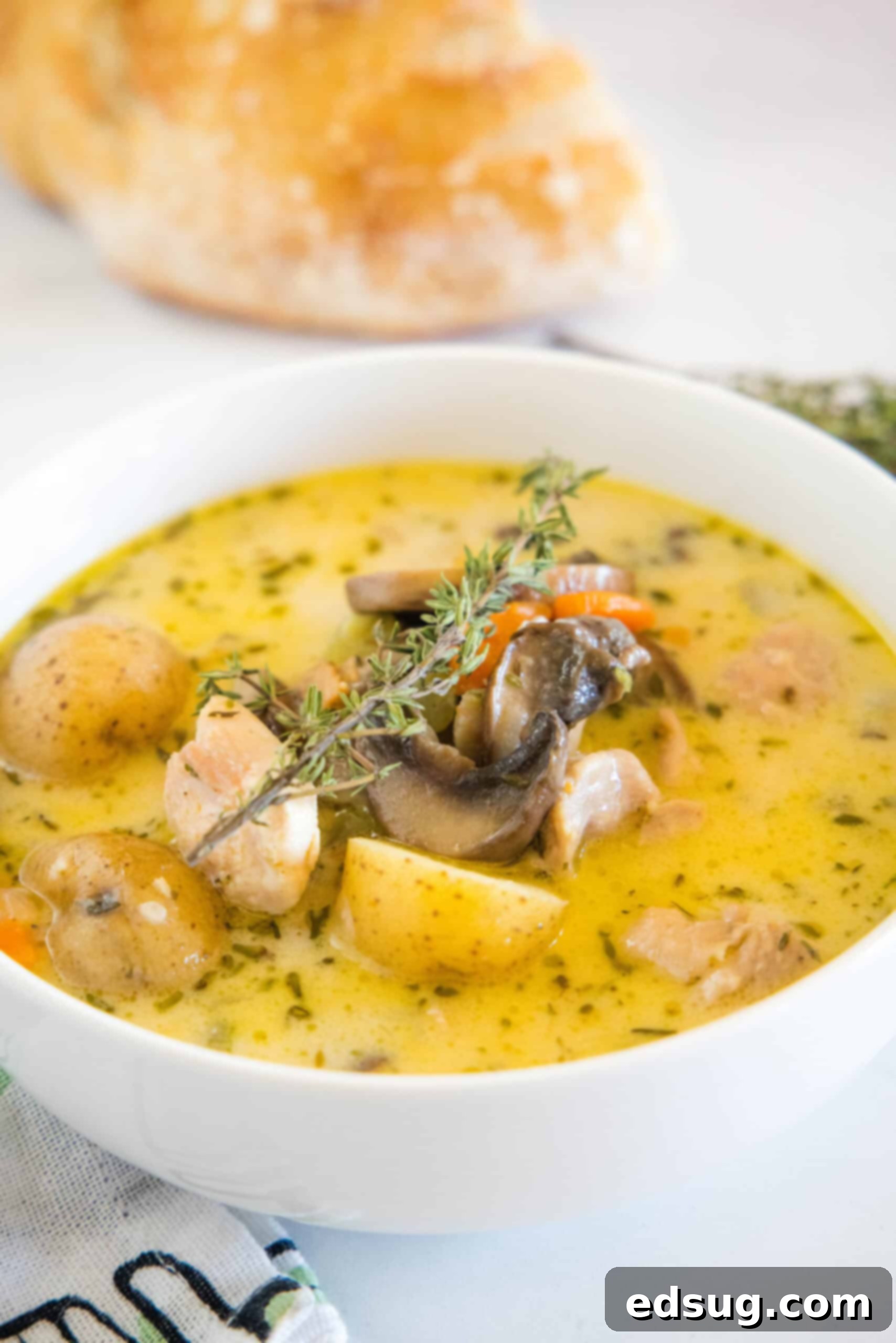 A close-up shot of chicken stew in a white bowl, showing tender chicken and vegetables.