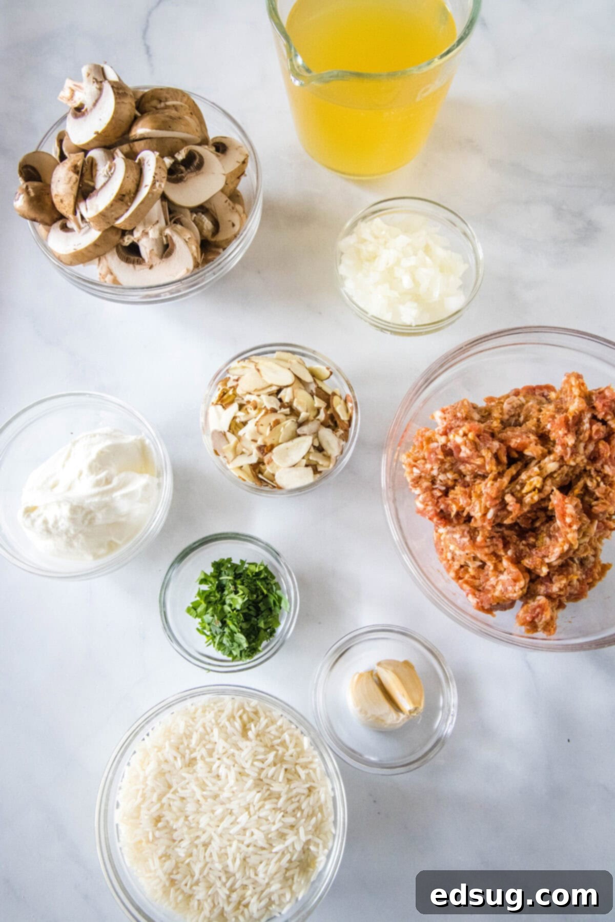 Sausage and Rice Bake 3 All the fresh ingredients laid out for making sausage and rice casserole.