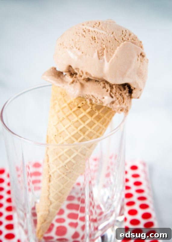 Decadent Nutella Ice Cream 3 A scoop of homemade Nutella ice cream served in a crispy sugar cone, highlighting its smooth texture.