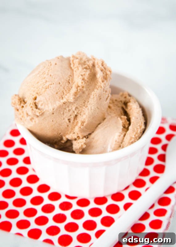 Decadent Nutella Ice Cream 4 A scoop of homemade chocolate ice cream in a white bowl with a spoon, ready to be enjoyed.