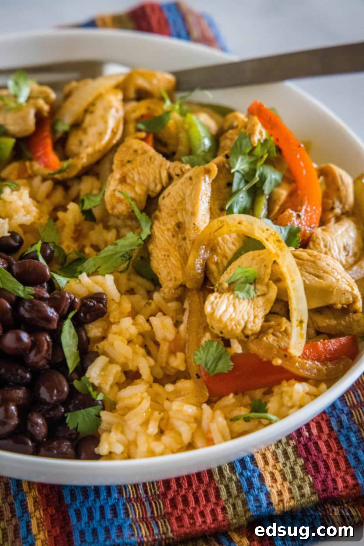 Sizzling Chicken Fajita Bowls 2 chicken fajita bowl in a white serving bowl