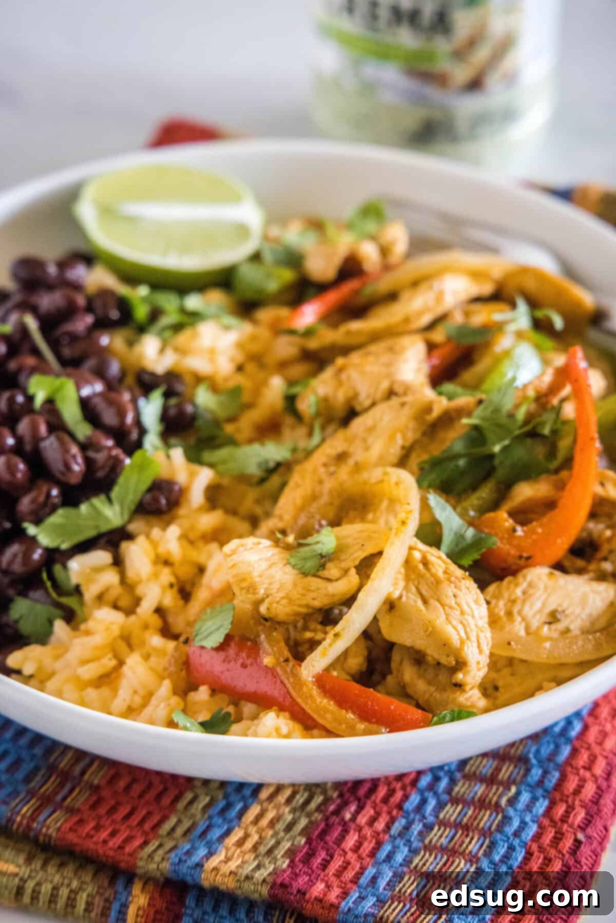 Sizzling Chicken Fajita Bowls 7 chicken fajita bowl in a white serving bowl