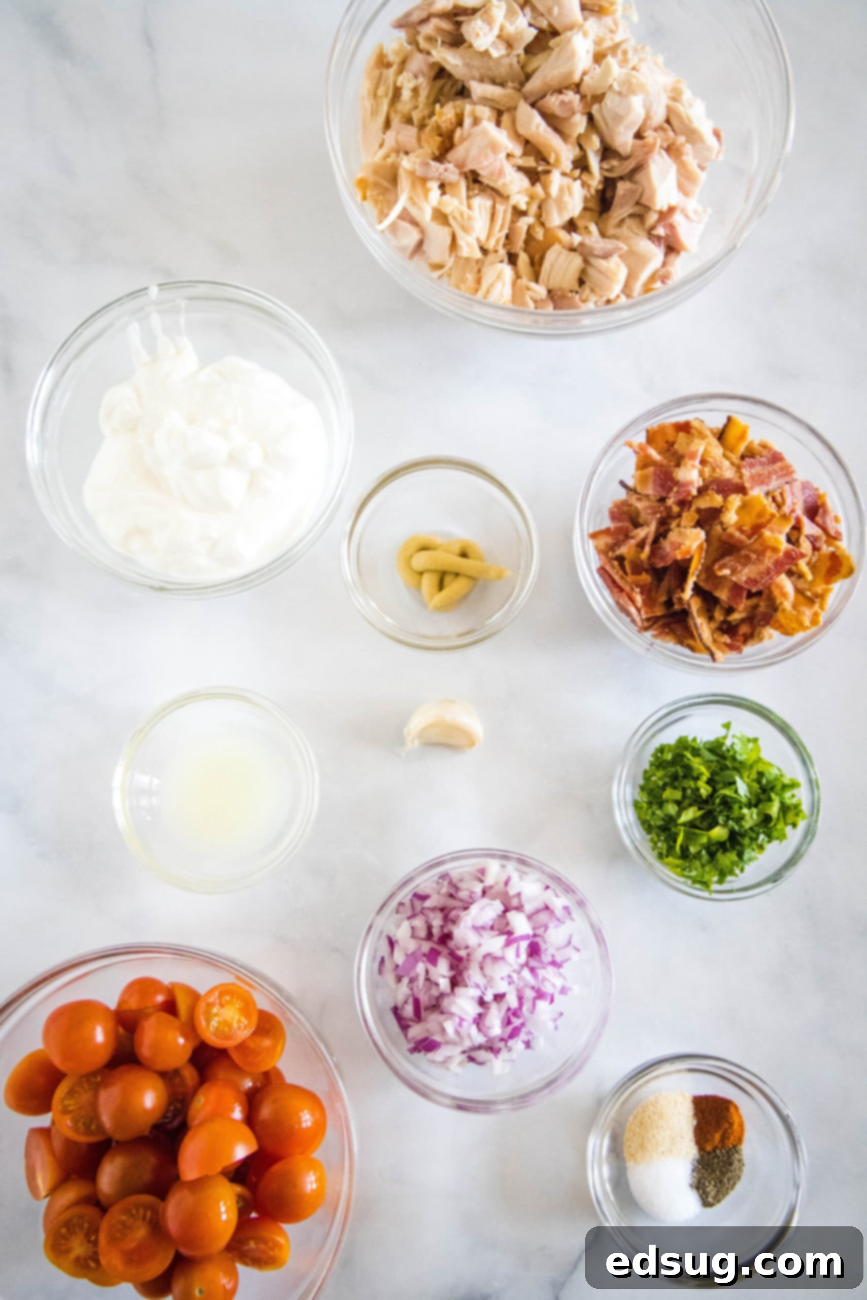 This BLT chicken salad is loaded with juicy shredded chicken, bacon, cherry tomatoes, and crispy red onion tossed with creamy mayo dressing. BLT chicken salad ingredients.