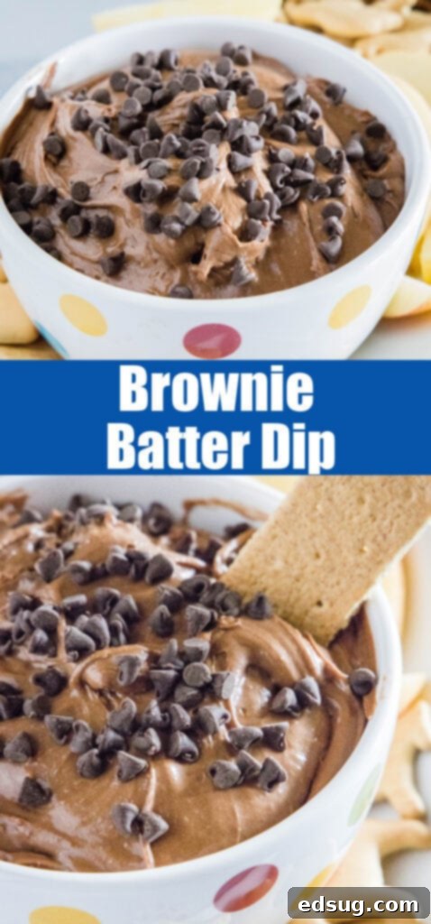 A close-up, artful shot of brownie batter dip in a bowl, highlighting its smooth texture and scattered chocolate chips, perfect for a Pinterest share.