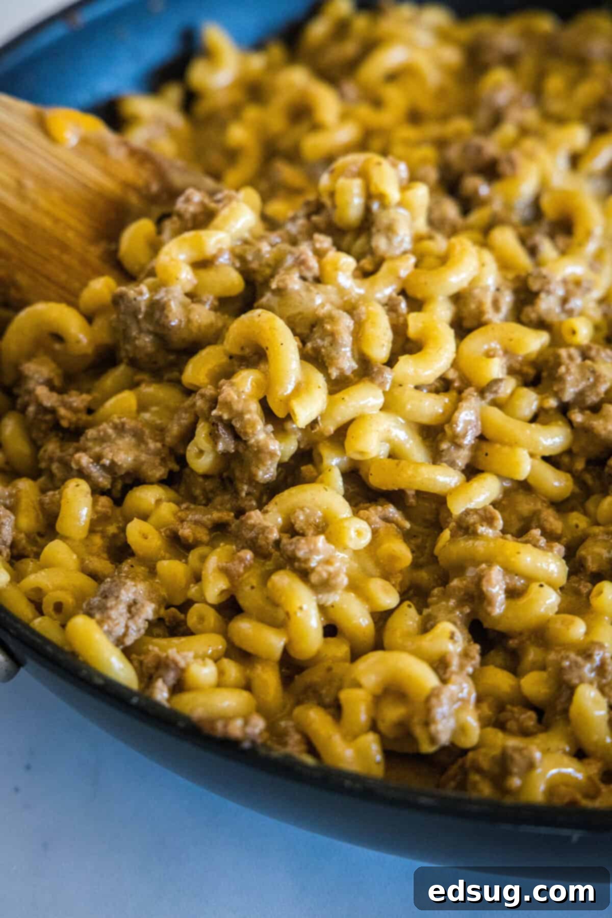 Homestyle Cheeseburger Macaroni 2 Homemade cheeseburger macaroni bubbling in a large skillet, ready to be served