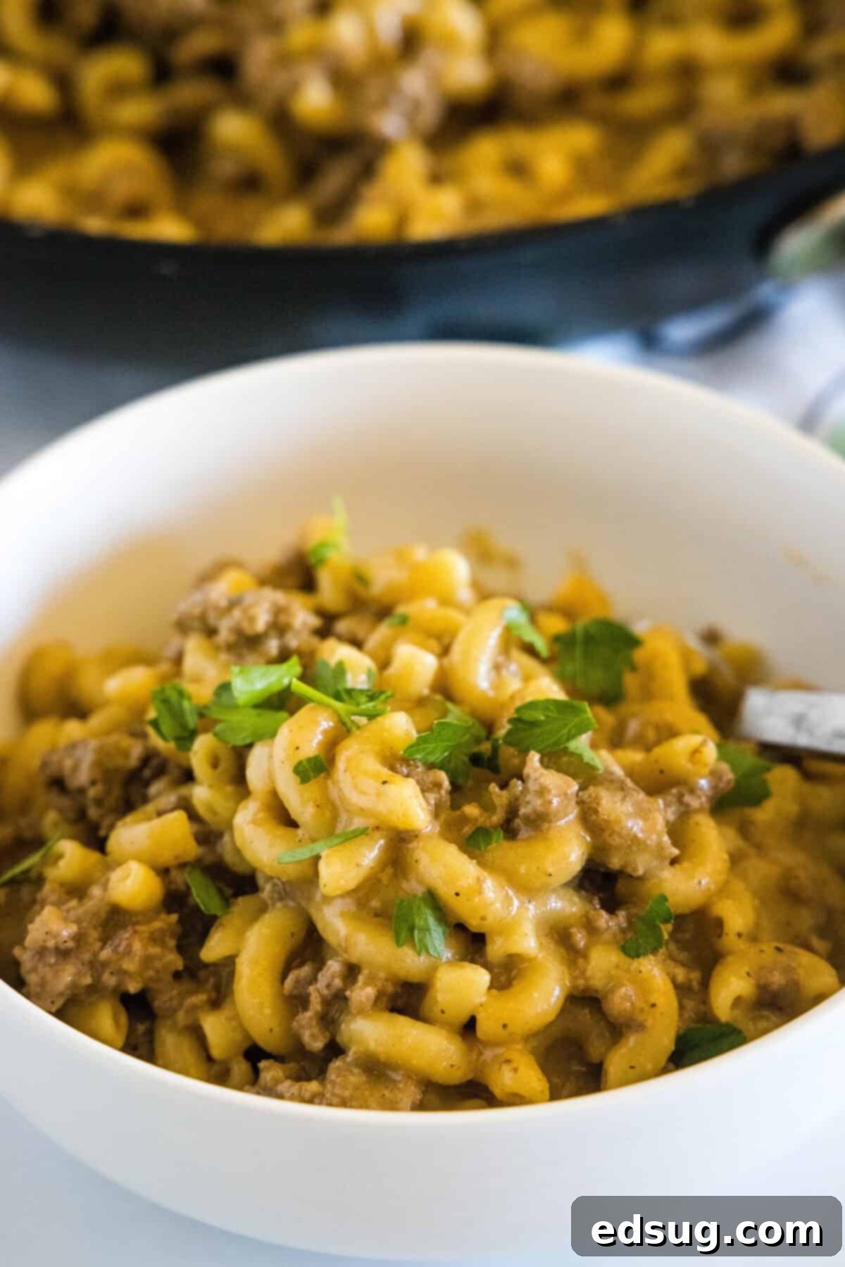 Homestyle Cheeseburger Macaroni 5 A serving of homemade cheeseburger macaroni in a white bowl, showing the rich, creamy sauce and beef