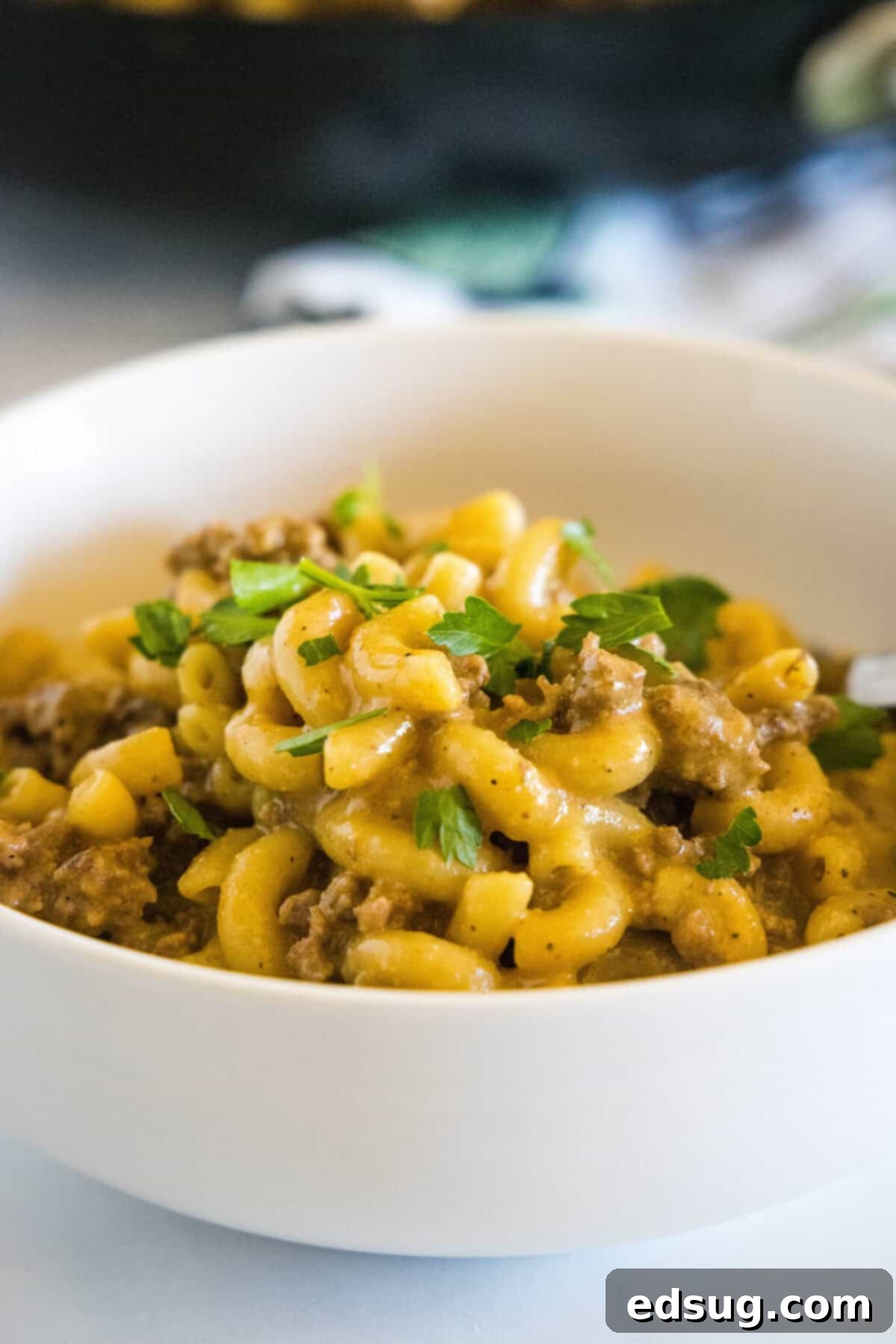 Homestyle Cheeseburger Macaroni 6 Close-up of a serving of homemade cheeseburger macaroni with a spoon, highlighting the creamy texture and cheese pull