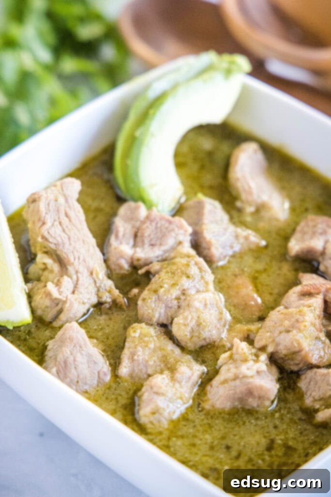 Pork Verde 2 A bowl of rich, tender pork green chili, perfect for a hearty meal.