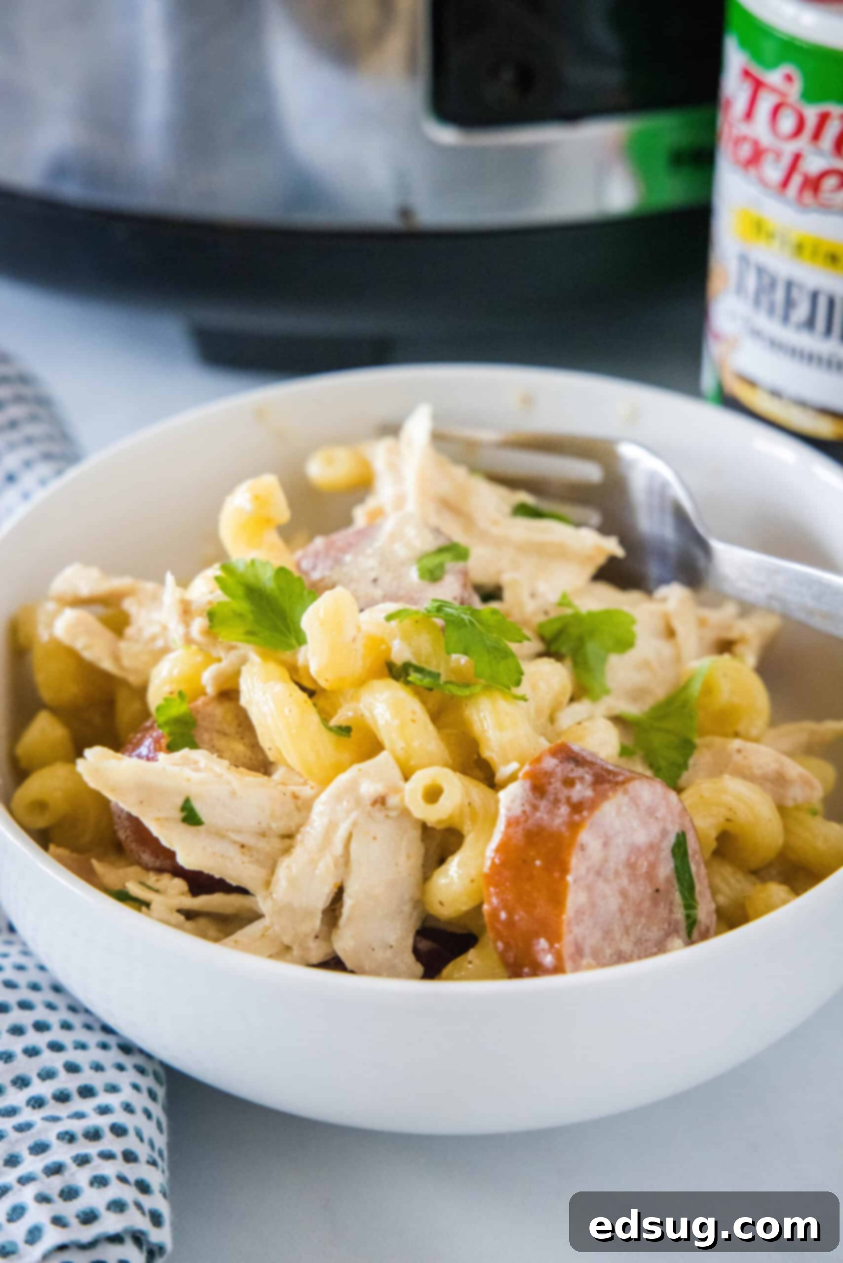 This creamy crockpot Cajun chicken pasta is easy to make in the slow cooker with spicy sausage and a rich, cheesy sauce. Just add pasta! A close-up shot of a bowl of creamy Cajun chicken pasta with a fork, emphasizing its appetizing appearance.