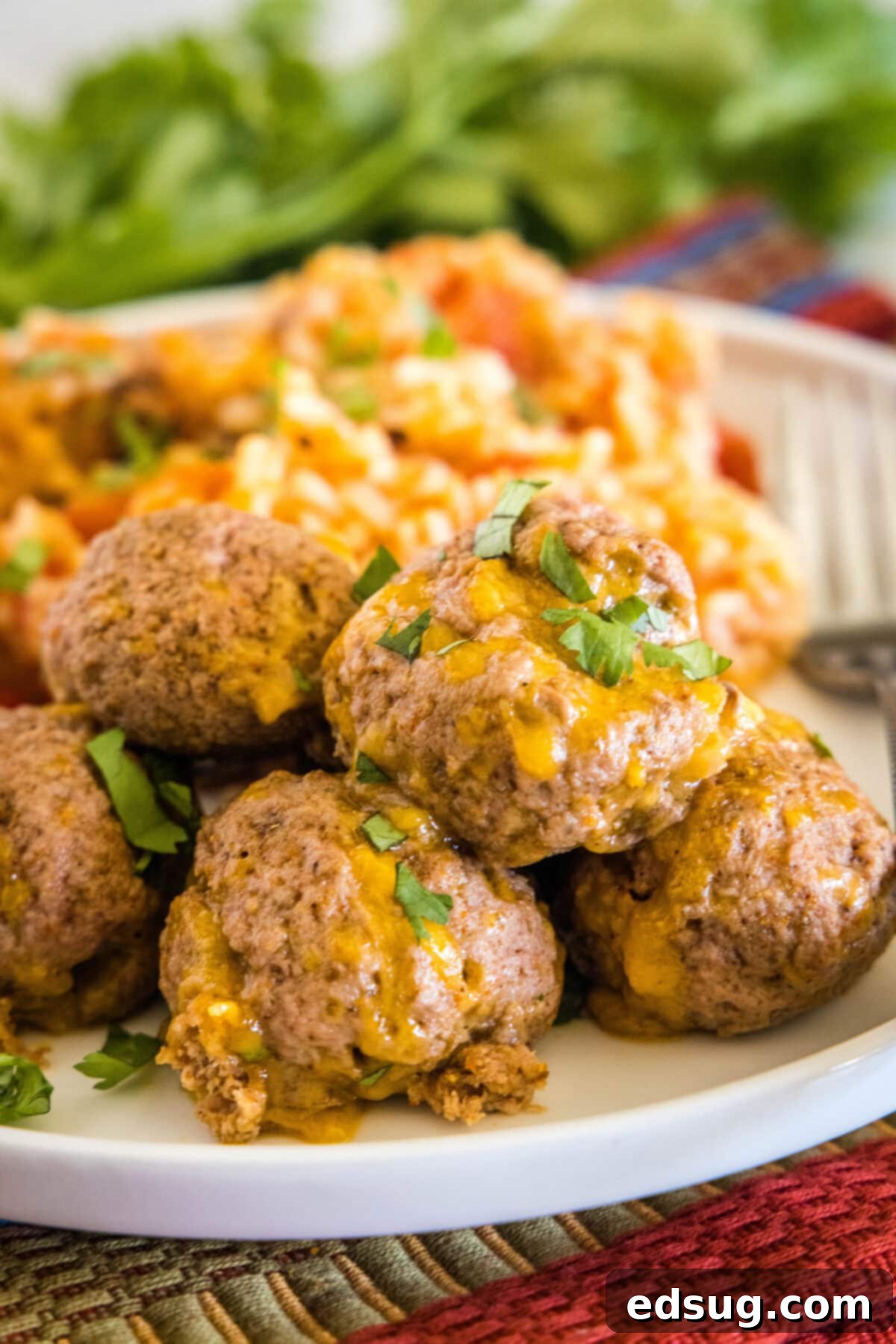 taco meatballs on a plate with mexican rice