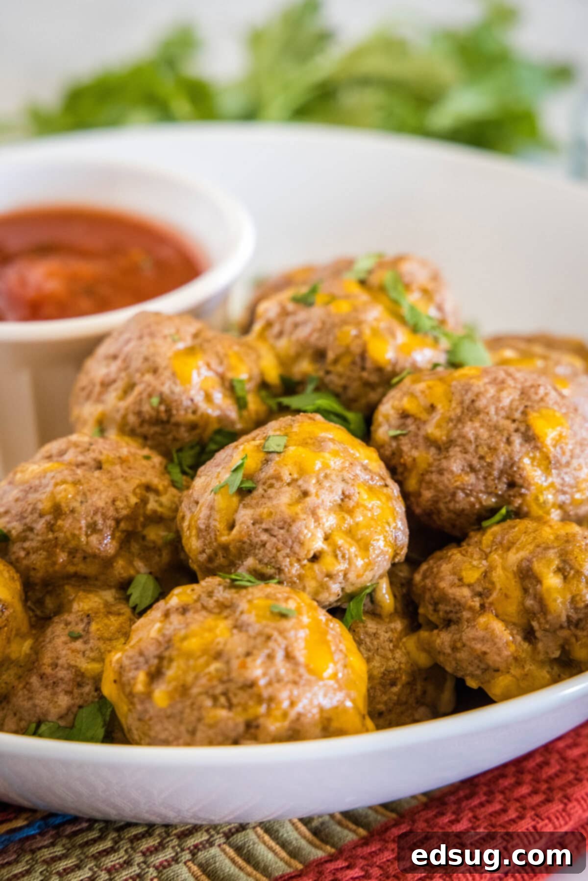 A serving platter with taco meatballs and a bowl of salsa