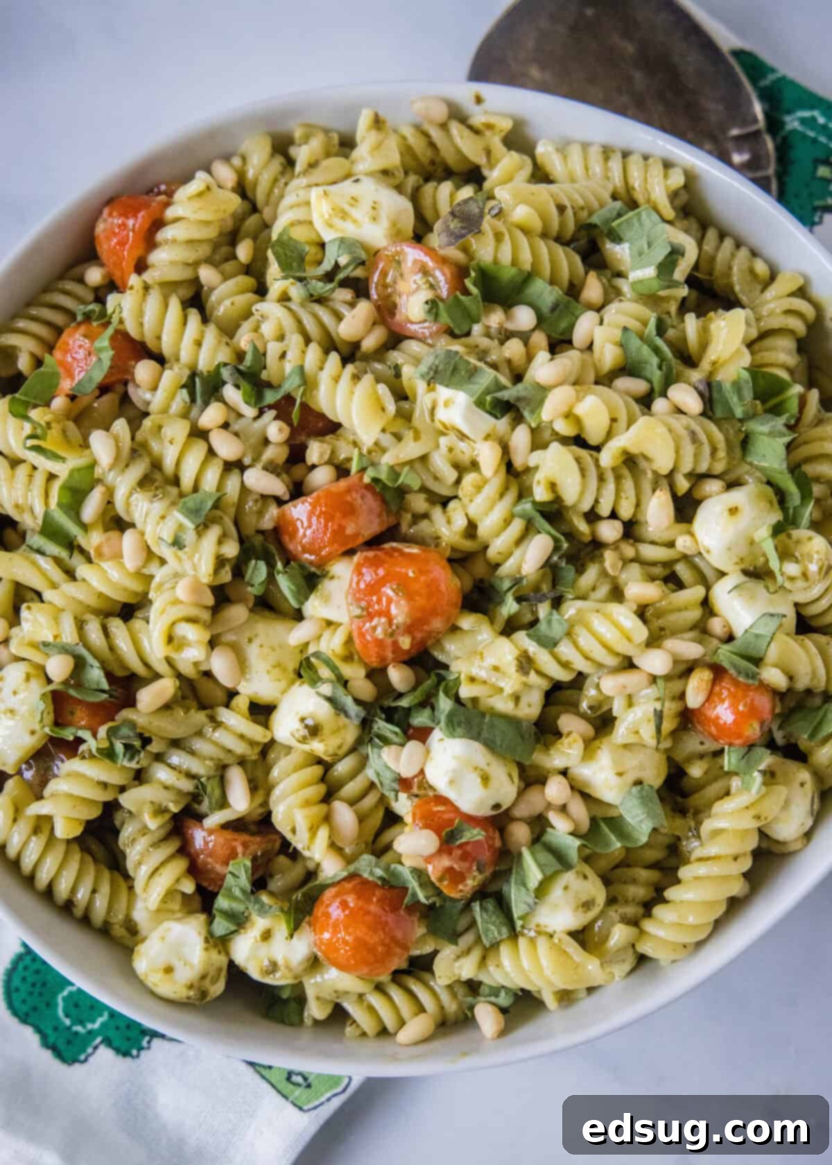 Looking down on a bowl of Pesto Pasta salad