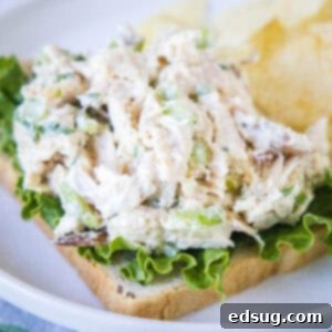 Effortless Rotisserie Chicken Salad 8 close up rotisserie chicken salad on a slice of bread