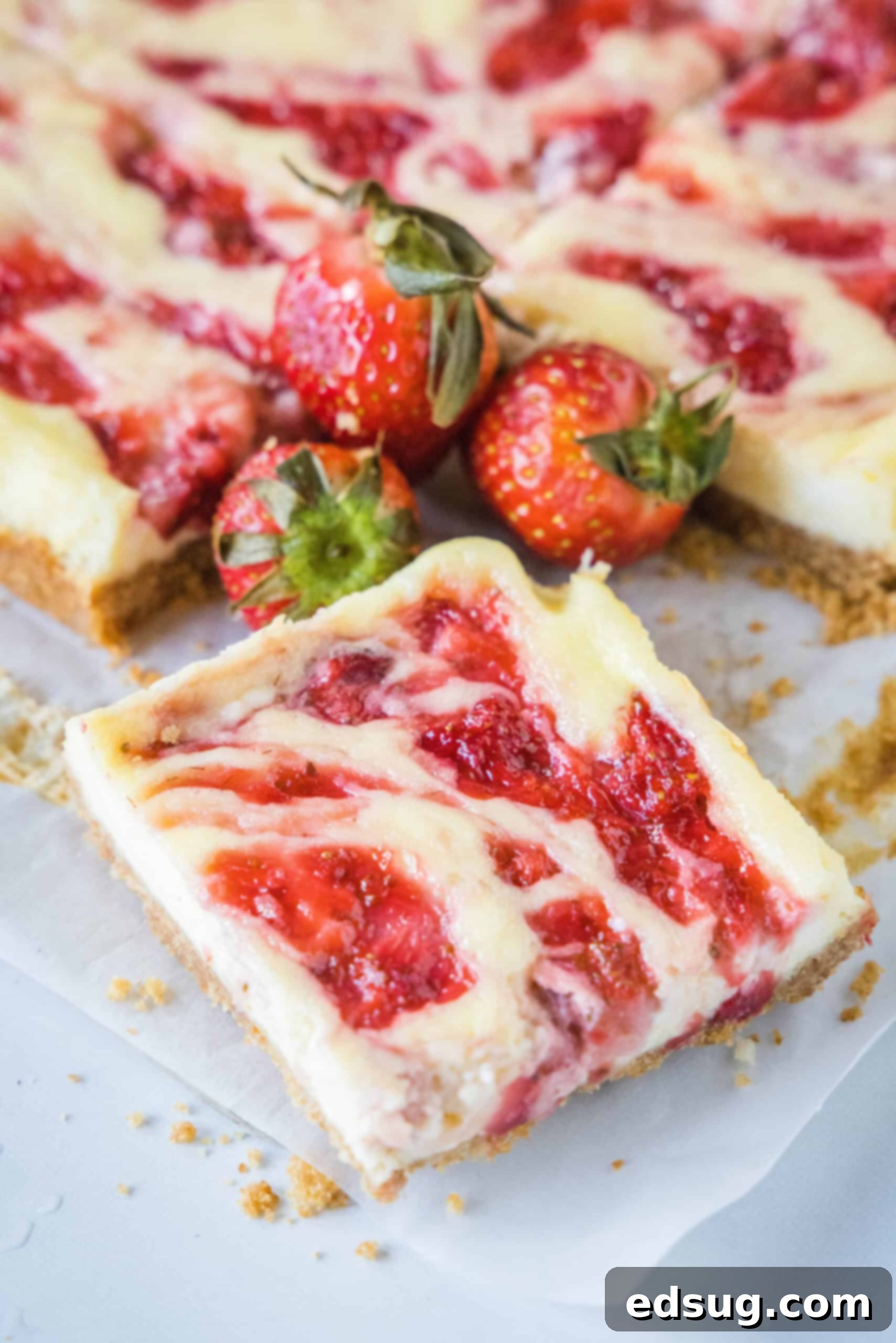 These strawberry cheesecake bars have a tangy cream cheese filling swirled with gooey strawberries, baked on top of a graham cracker crust. Close up of a strawberry cheesecake bar with fresh strawberries and more bars in the background.