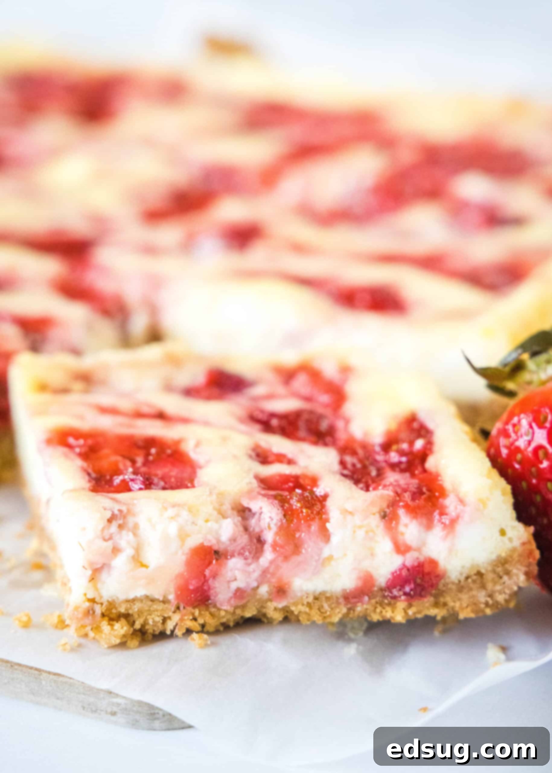 These strawberry cheesecake bars have a tangy cream cheese filling swirled with gooey strawberries, baked on top of a graham cracker crust. Close up of a strawberry cheesecake bar with more bars in the background.