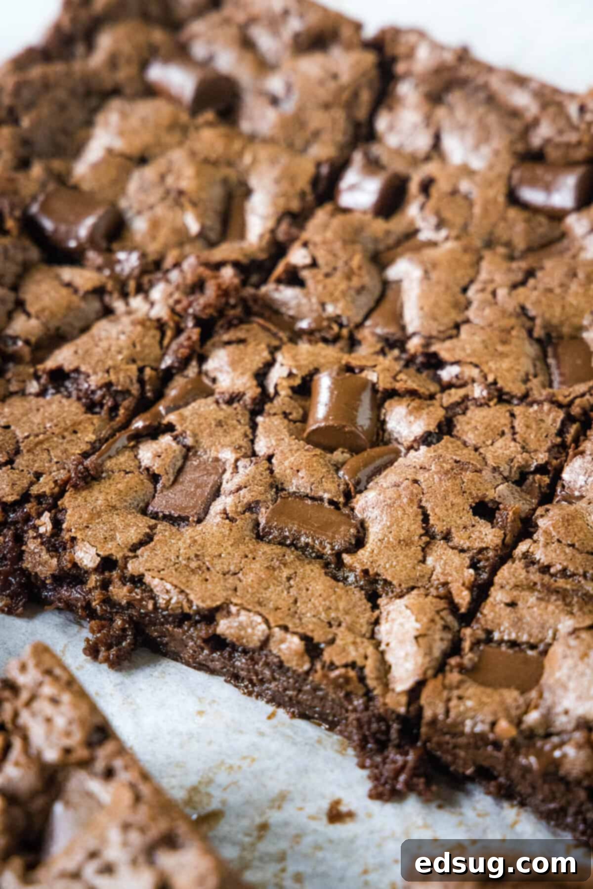 Decadent Chocolate Chunk Brownies 2 Sliced Starbucks copycat chocolate chunk brownies on a cutting board, showcasing their fudgy texture and generous chocolate chunks.