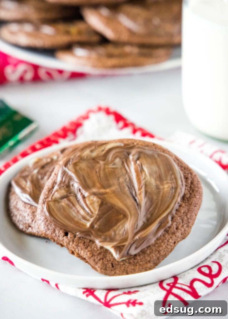A white plate with several perfectly baked chocolate Andes Mint Cookies, showcasing their vibrant green mint topping.