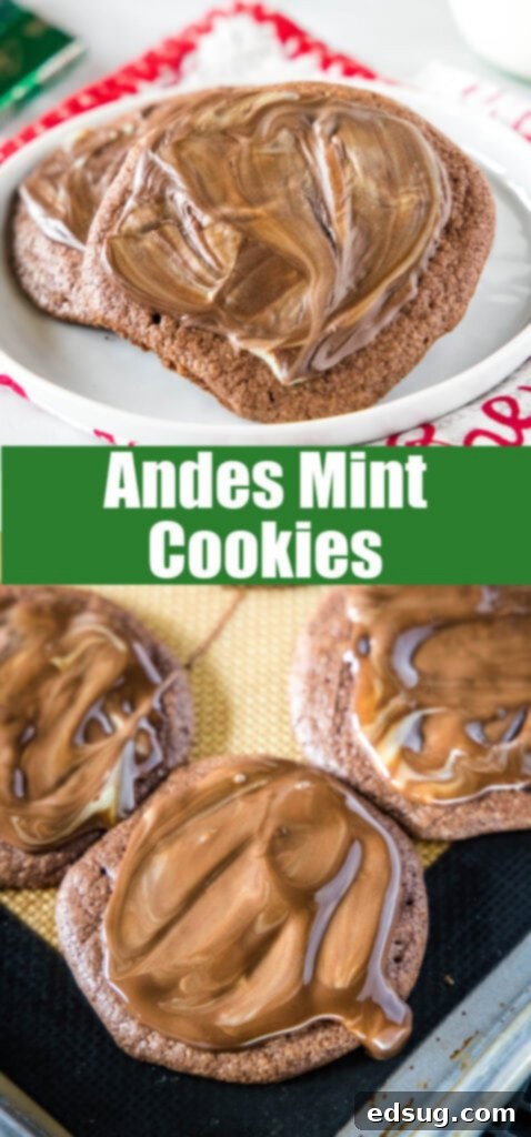 A close-up shot of a stack of Andes Mint Cookies, revealing the chewy chocolate cookie texture and the smooth, vibrant green mint topping.
