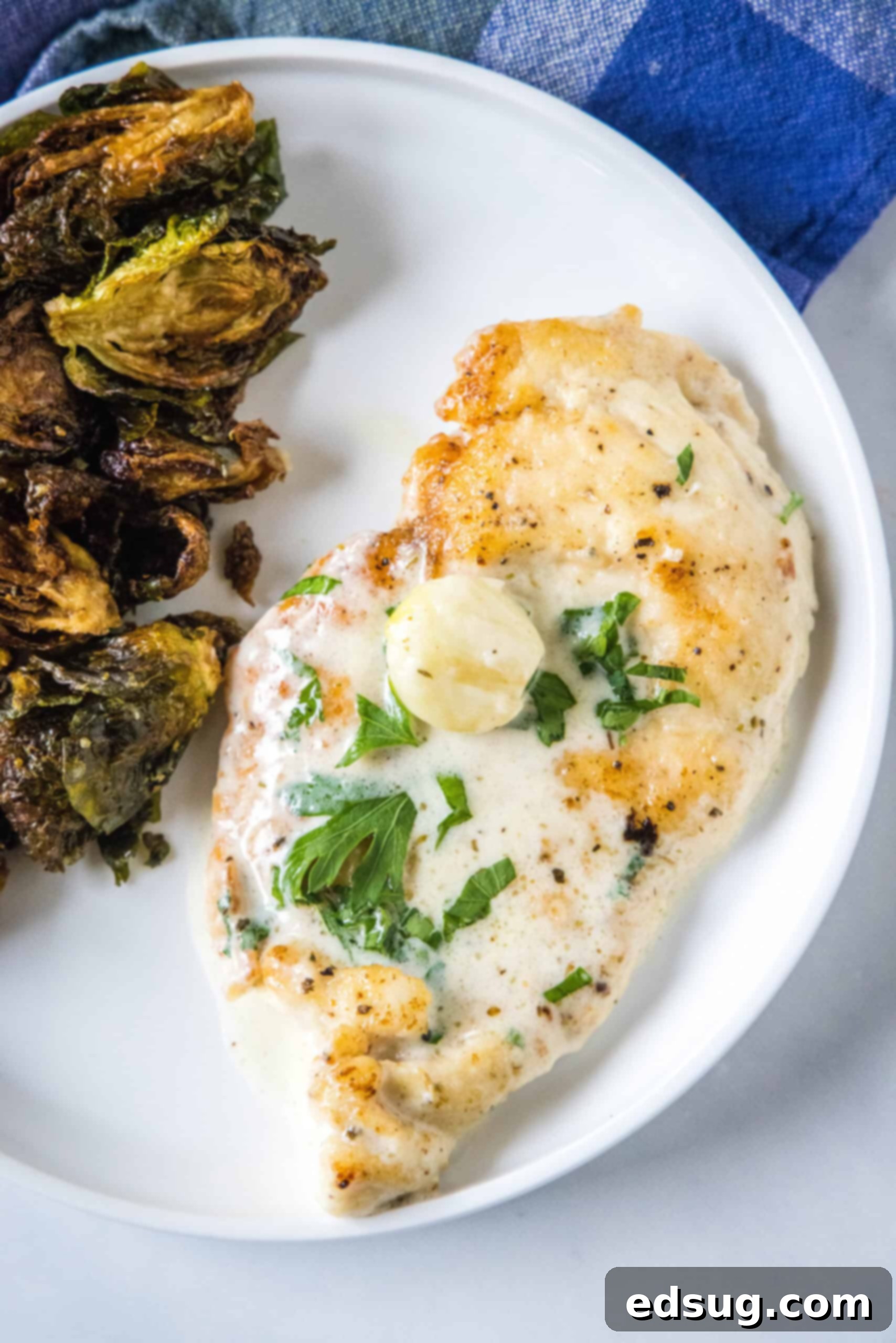 Overhead view of creamy garlic chicken served with a side of roasted Brussels sprouts on a plate.