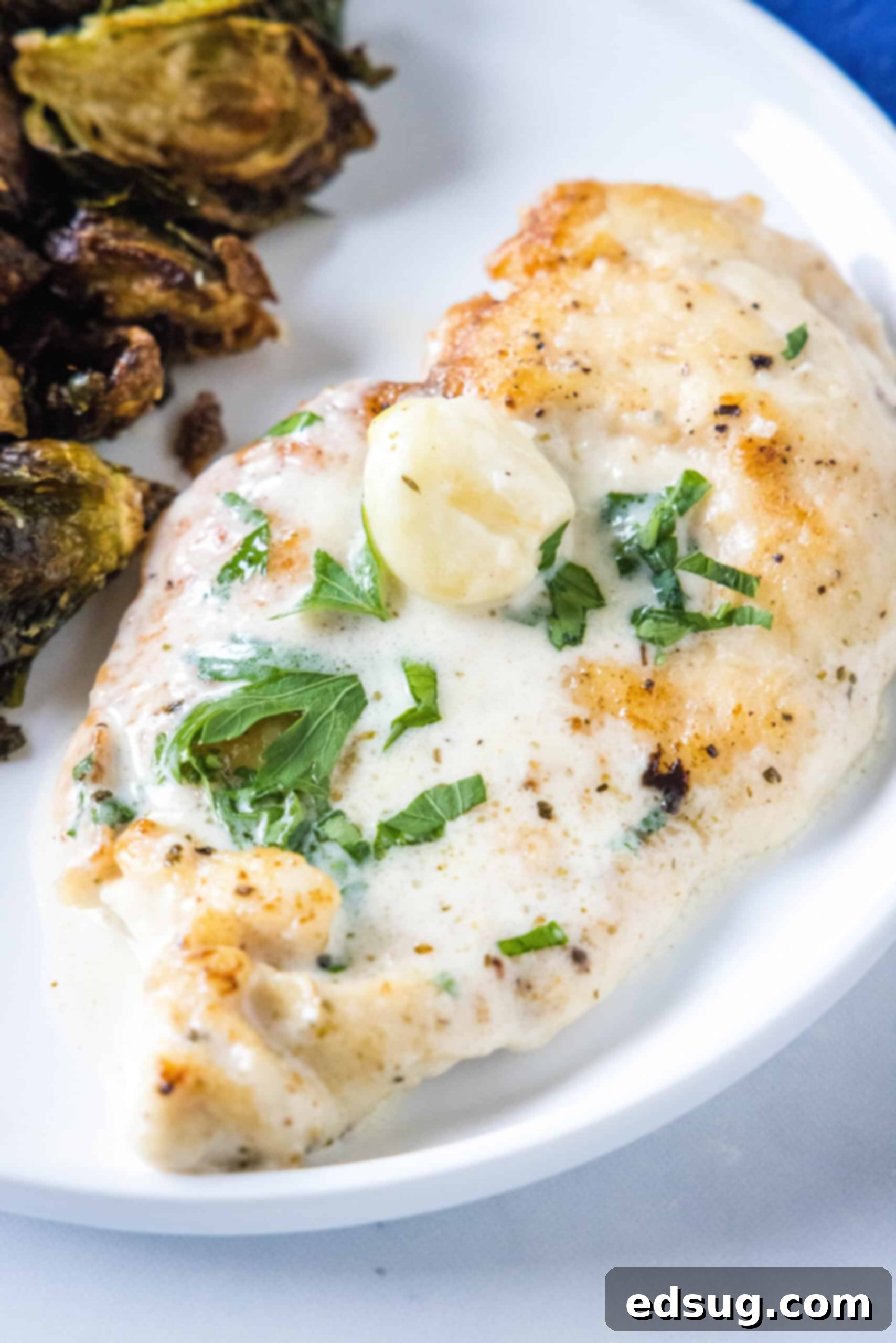 Overhead view of creamy garlic chicken served with a side of roasted Brussels sprouts on a plate.
