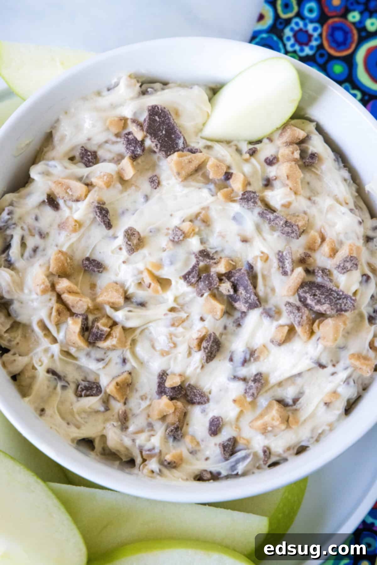 Toffee Apple Indulgence 5 looking down in a serving bowl of toffee apple dip with apples