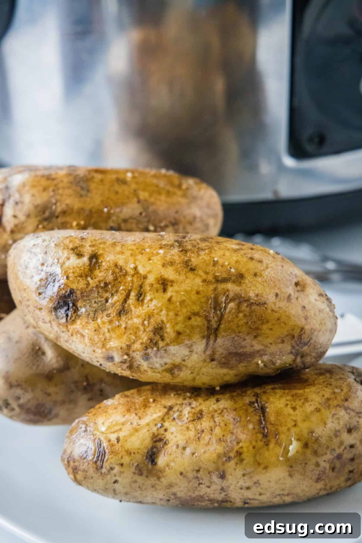 Several perfectly cooked baked potatoes resting in front of a slow cooker, their skins slightly browned and interiors ready to be fluffed.