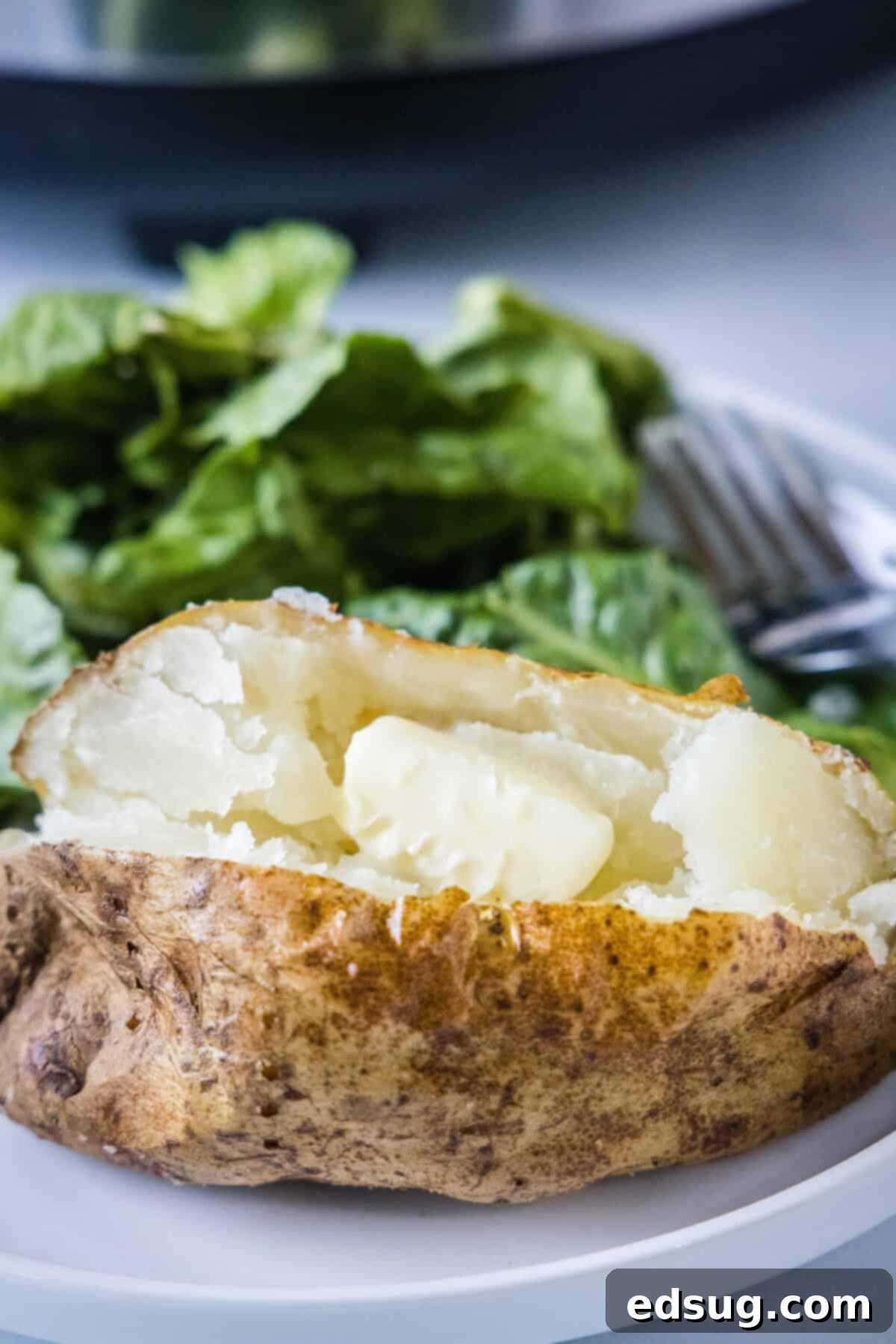 A freshly cut open baked potato revealing its steamy, fluffy interior, with a generous knob of butter melting into the center.