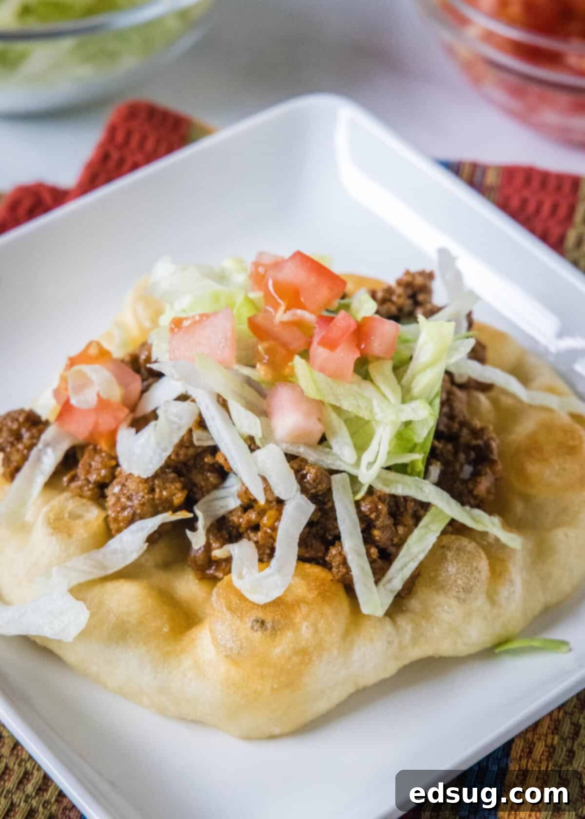 Navajo Fry Bread Tacos 9 A close-up, overhead view of a fully loaded Indian fry bread taco.
