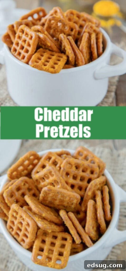 cheddar flavored pretzels in a bowl