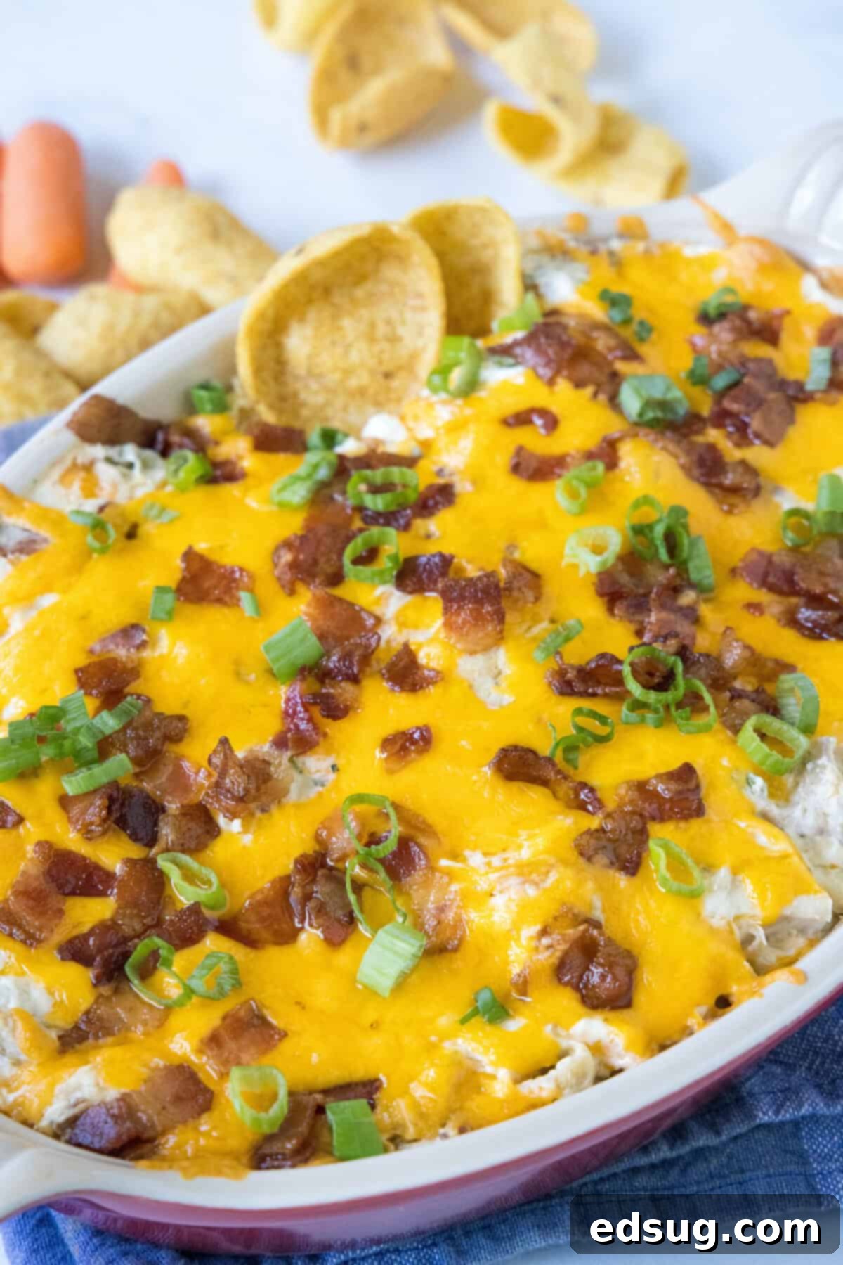 looking down on baking dish with chicken bacon ranch dip