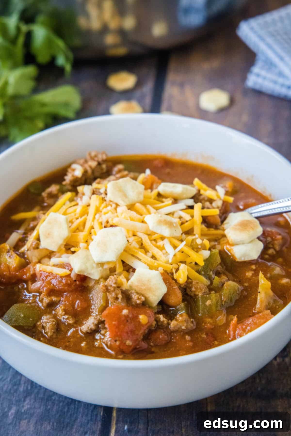 Copycat Wendy's Chili Recipe 2 A steaming bowl of homemade Wendy's style chili, generously topped with shredded cheese and a side of crunchy crackers, ready to be enjoyed as a hearty meal.
