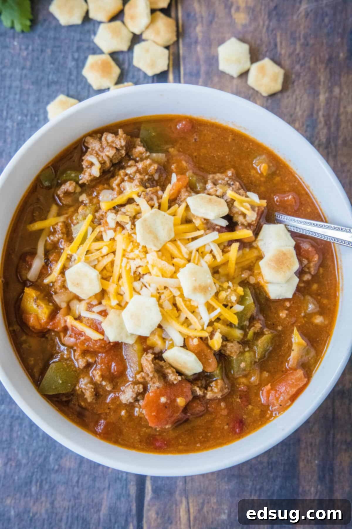 Copycat Wendy's Chili Recipe 7 A delightful top-down view of a single bowl of Wendy's style chili, perfectly garnished with melted cheese and a scattering of oyster crackers, ready for a comforting meal.