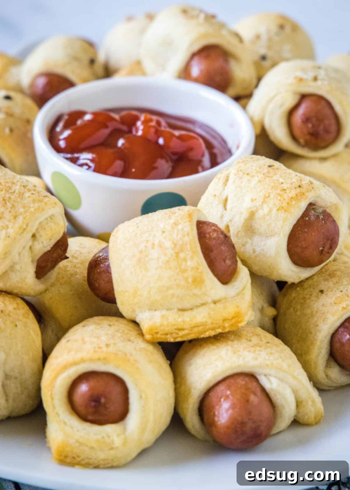 pigs in a blanket on a plate with ketchup