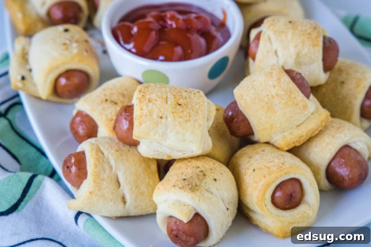These Mini Pigs in a Blanket are a fun, bite-sized appetizer made with smoky cocktail sausages wrapped in golden, flaky crescent roll dough. Perfect for parties, game day, or snacking!