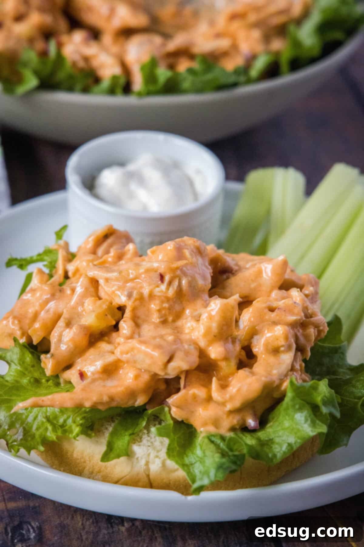 Fiery Buffalo Chicken Salad 6 buffalo chicken salad on a bun with lettuce