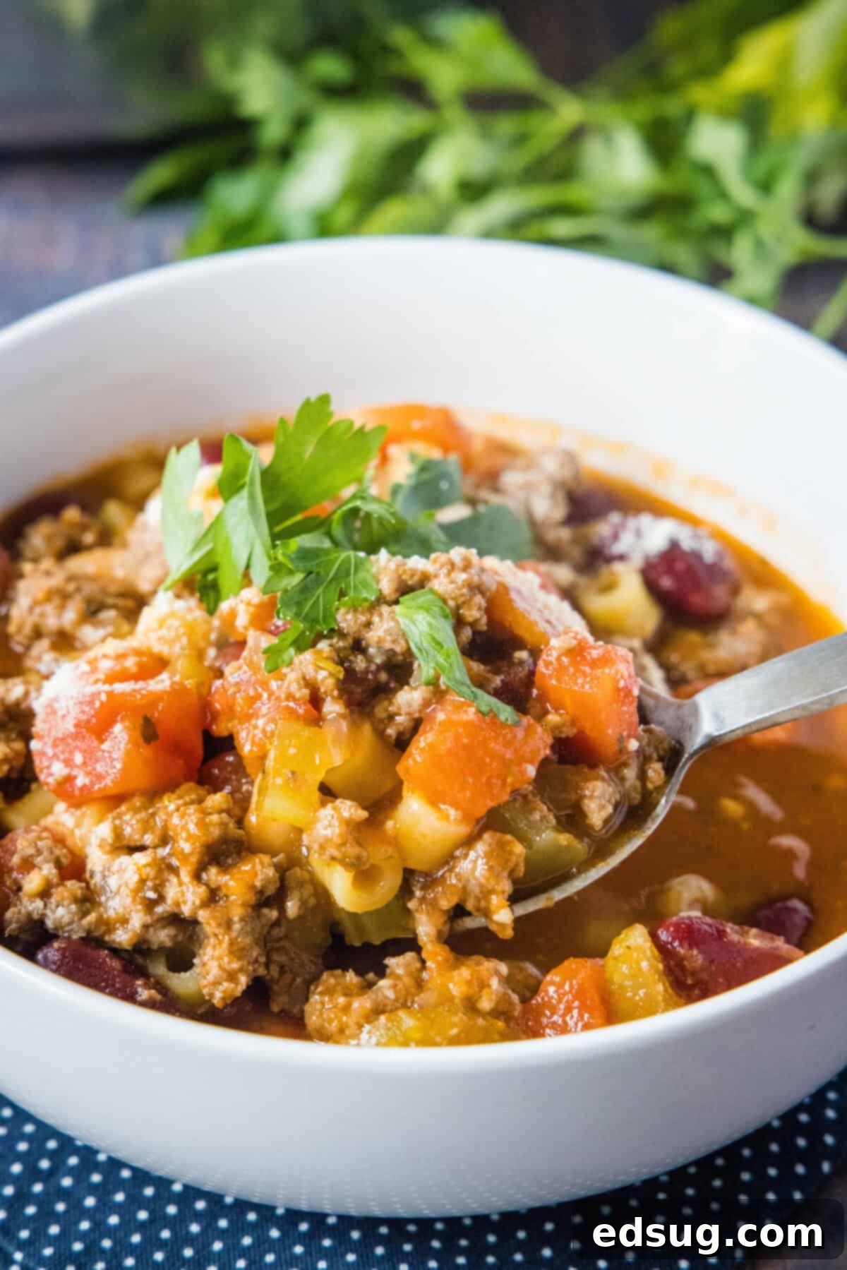 Pasta and Beans 8 A spoon scooping a portion of rich and comforting Pasta e Fagioli soup from a bowl, highlighting the pasta, beans, and vegetables.