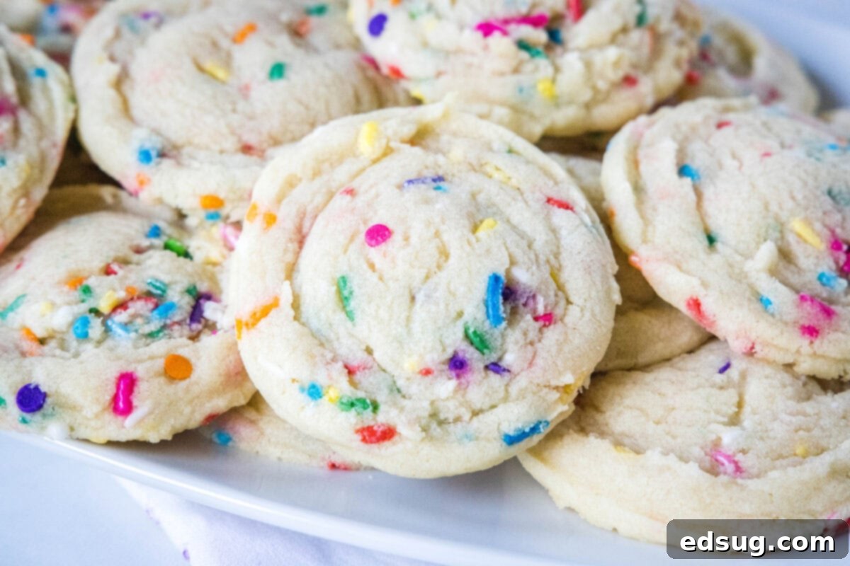 Close-up of a single Funfetti cookie, showing its soft texture and colorful sprinkles