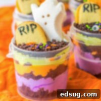 Graveyard Halloween Pudding Cup with cookie 'dirt' and gummy worms