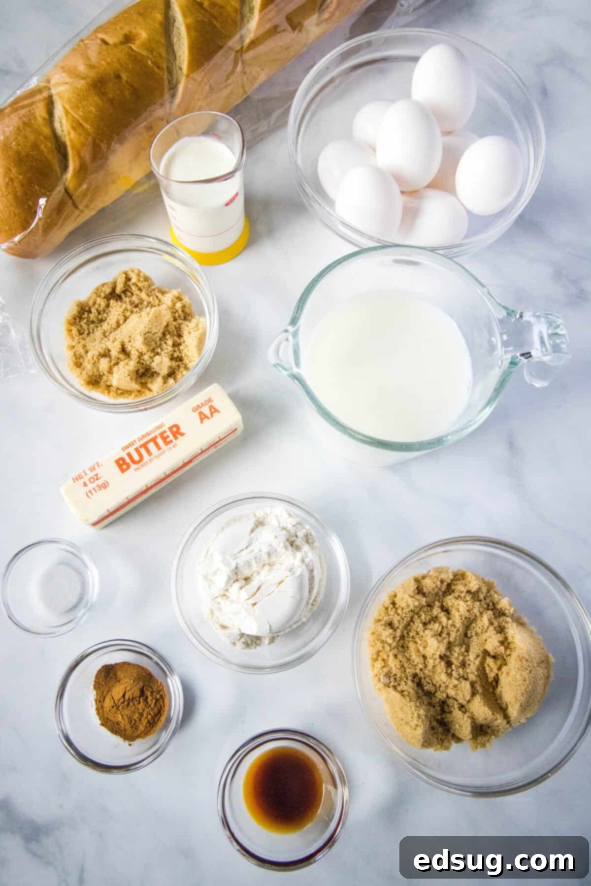 Sleep-In French Toast Casserole 3 overnight French toast casserole ingredients laid out on a table