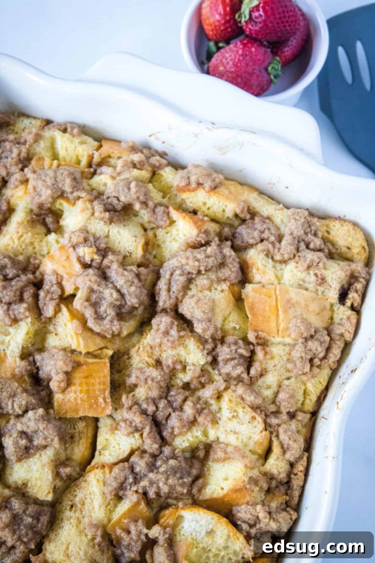 Sleep-In French Toast Casserole 6 baked French toast casserole in baking pan, golden brown