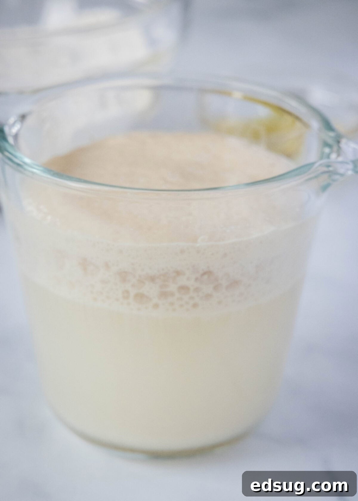Effortless Slow Cooker Bread 4 Close-up of active dry yeast blooming and foaming in warm water and sugar within a clear measuring cup, indicating successful activation.