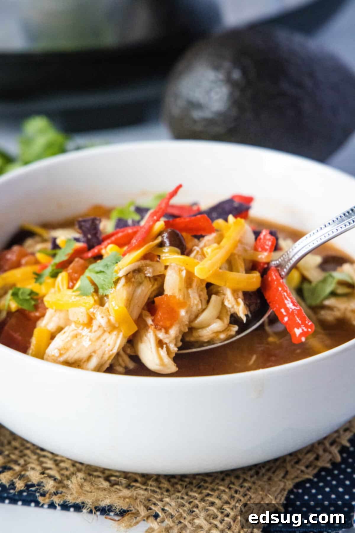 Close-up of a spoonful of Crockpot Chicken Tortilla Soup, showing the rich broth, chicken, beans, and corn.
