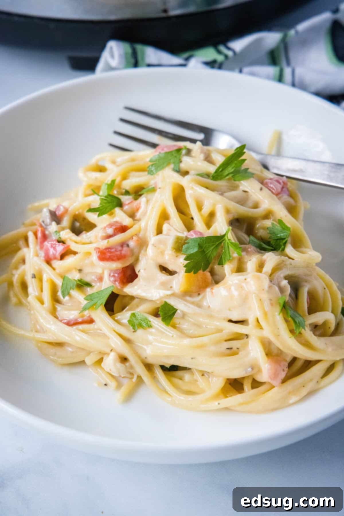 Effortless Slow Cooker Chicken Spaghetti 2 a white plate with chicken spaghetti