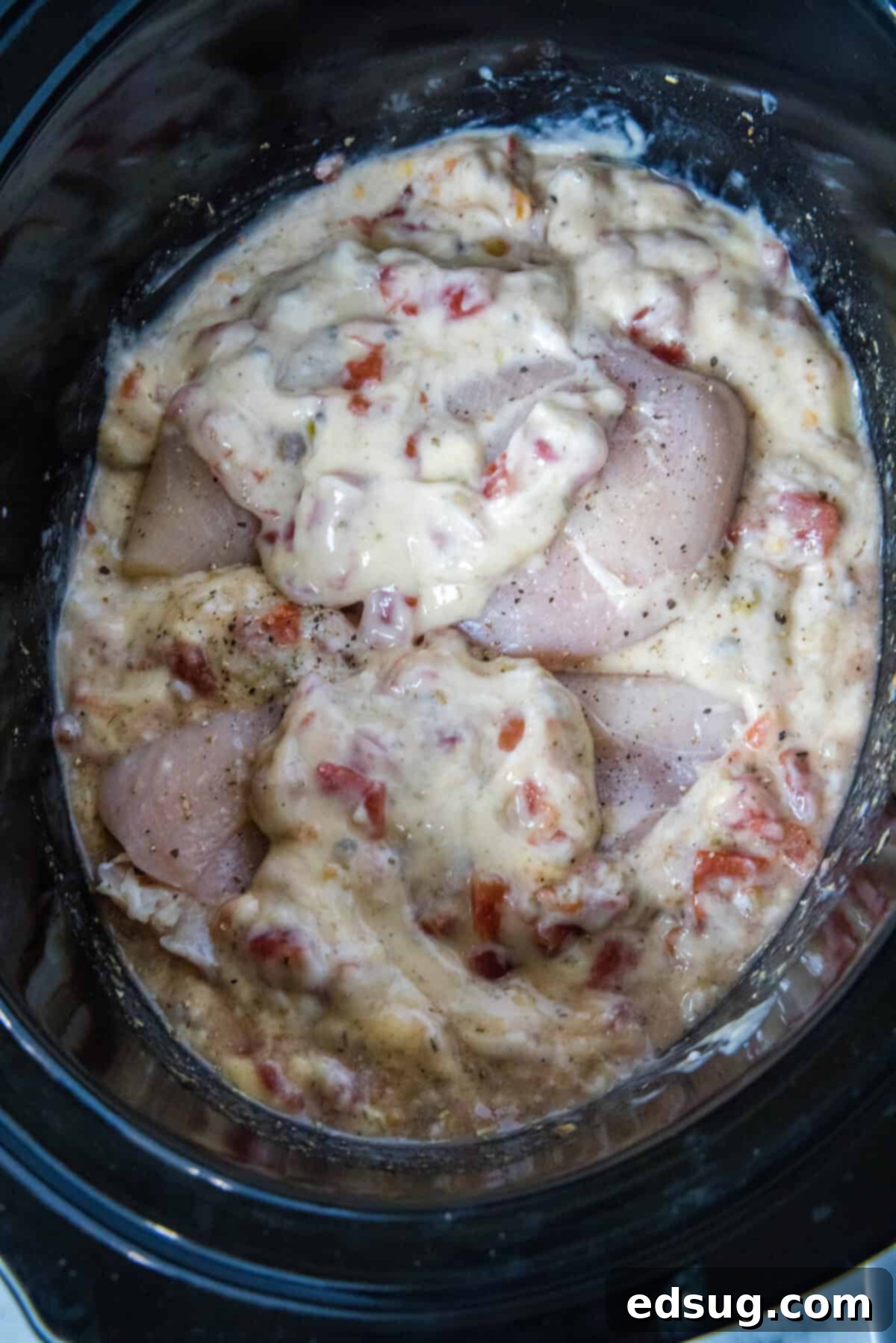 Effortless Slow Cooker Chicken Spaghetti 5 chicken spaghetti sauce ingredients in slow cooker with the chicken